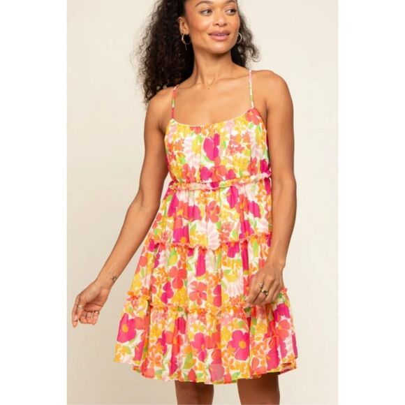Flying Tomato Orange Floral Ruffle Tiered Dress Size Medium Nwot - Picture 1 of 9